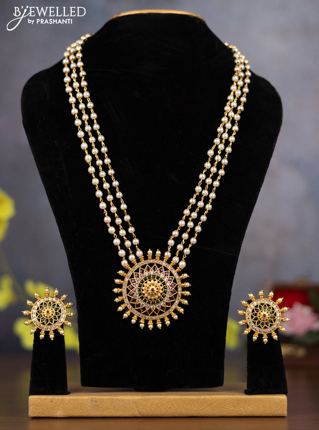 Pearl triple layer Haaram with kemp and cz stones