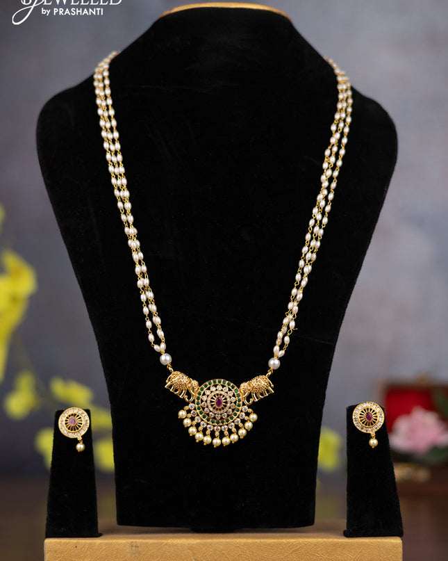 Pearl triple layer Haaram elephant design with kemp & cz stones and pearl hangings