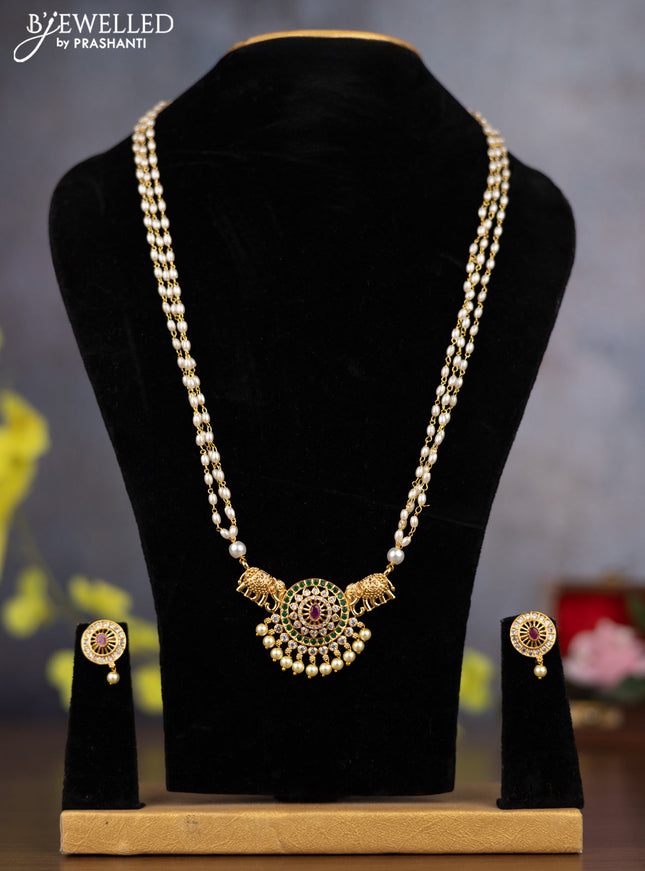 Pearl triple layer Haaram elephant design with kemp & cz stones and pearl hangings