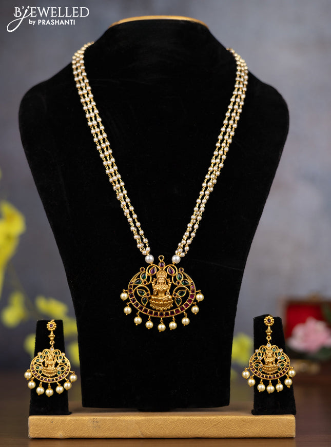 Pearl triple layer Haaram lakshmi pendant with kemp stones and pearl hangings