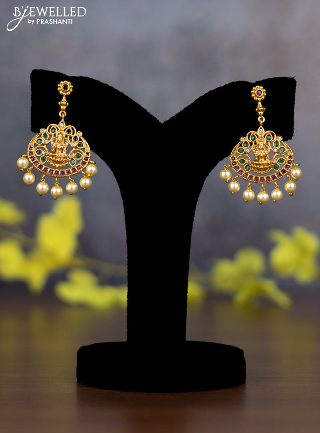 Pearl triple layer Haaram lakshmi pendant with kemp stones and pearl hangings