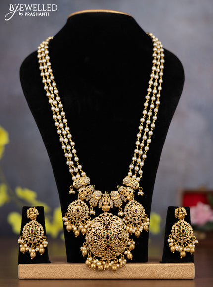 Pearl triple layer Haaram lakshmi design with kemp & cz stones and pearl & golden beads hanging