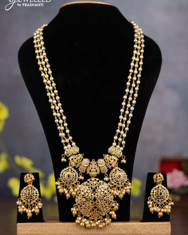 Pearl triple layer Haaram lakshmi design with kemp & cz stones and pearl & golden beads hanging