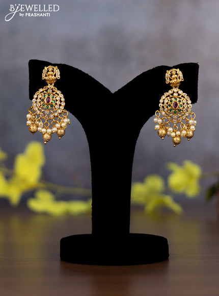 Pearl triple layer Haaram lakshmi design with kemp & cz stones and pearl & golden beads hanging