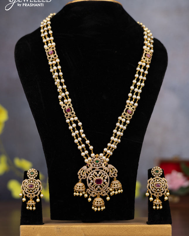 Pearl triple layer Haaram peacock design with kemp & cz stones and pearl hangings