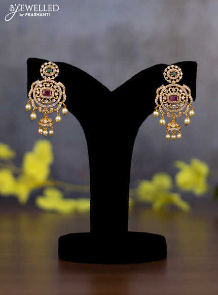 Pearl triple layer Haaram peacock design with kemp & cz stones and pearl hangings