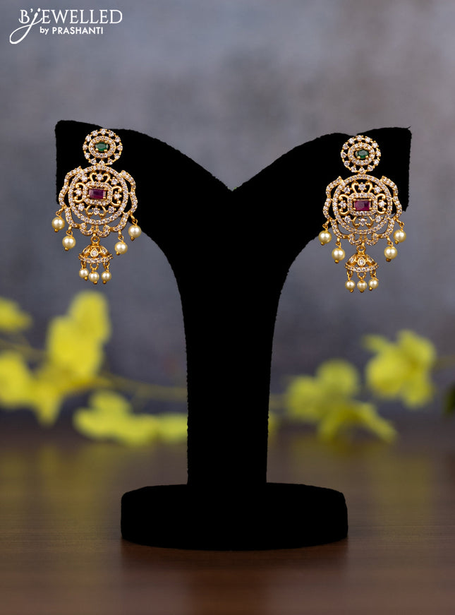 Pearl triple layer Haaram peacock design with kemp & cz stones and pearl hangings