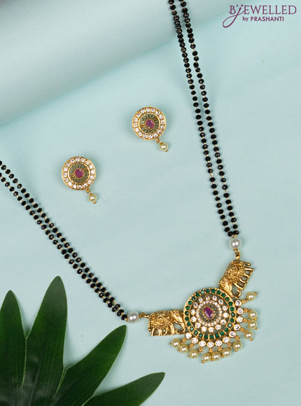 Mangalsutra double layer elephant design with ruby & cz stones and pearl hangings