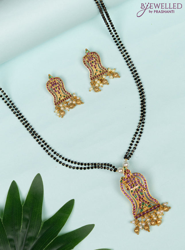 Mangalsutra tirupati balaji pendant with kemp & cz stones and pearl & golden beads hanging