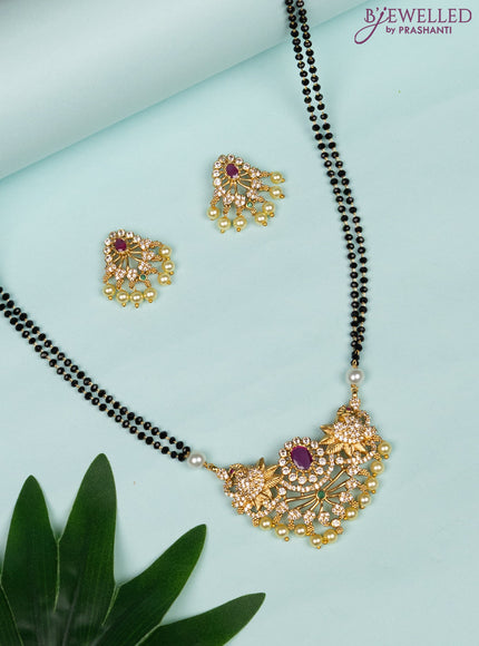 Mangalsutra double layer peacock design with kemp & cz stones and pearl hangings
