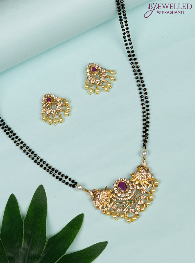 Mangalsutra double layer peacock design with kemp & cz stones and pearl hangings