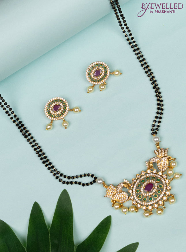 Mangalsutra double layer peacock design with kemp & cz stones and pearl hangings