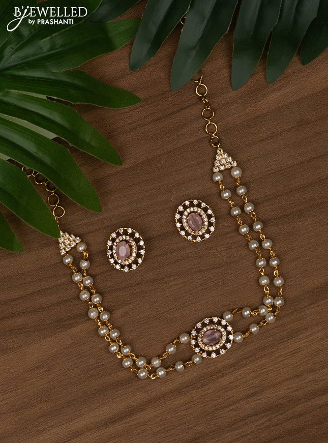 Pearl choker with baby pink and cz stones