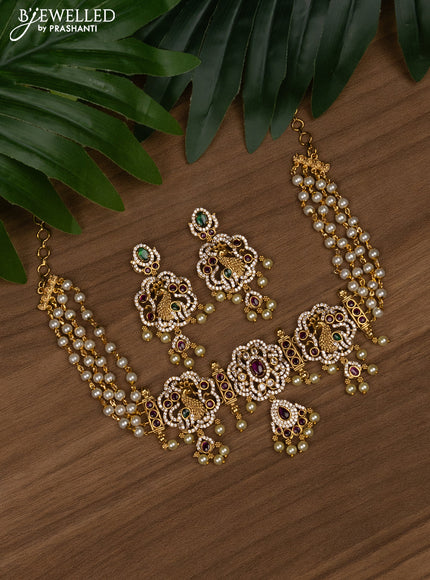 Pearl choker peacock design with kemp & cz stones and pearl hangings