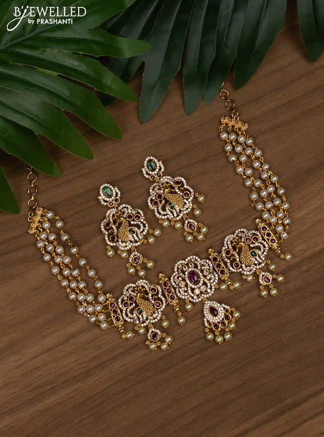 Pearl choker peacock design with kemp & cz stones and pearl hangings
