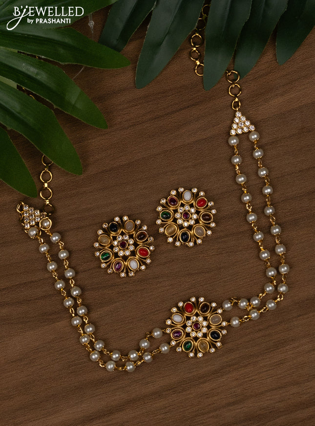 Pearl choker with multicolour and cz stones