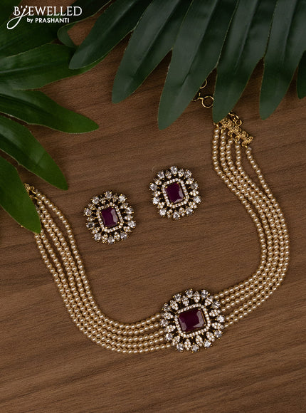 Pearl choker with ruby and cz stones