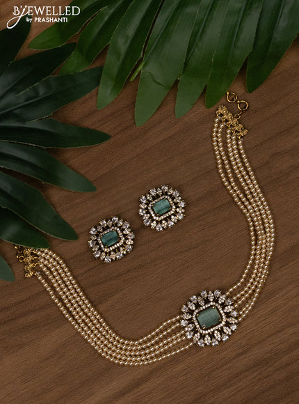 Pearl choker with mint green and cz stones