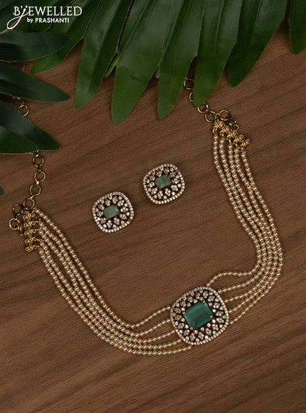 Pearl choker with mint green and cz stones