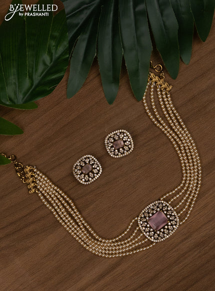 Pearl choker with baby pink and cz stones