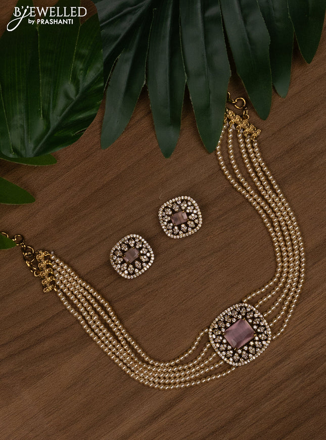 Pearl choker with baby pink and cz stones