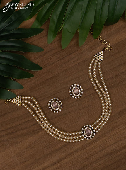 Pearl choker with baby pink and cz stones