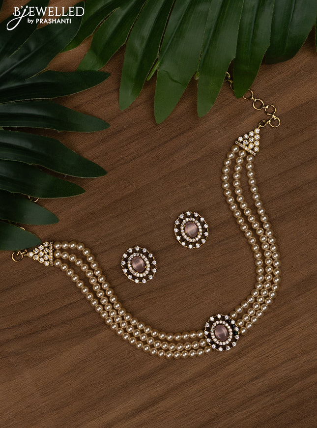 Pearl choker with baby pink and cz stones