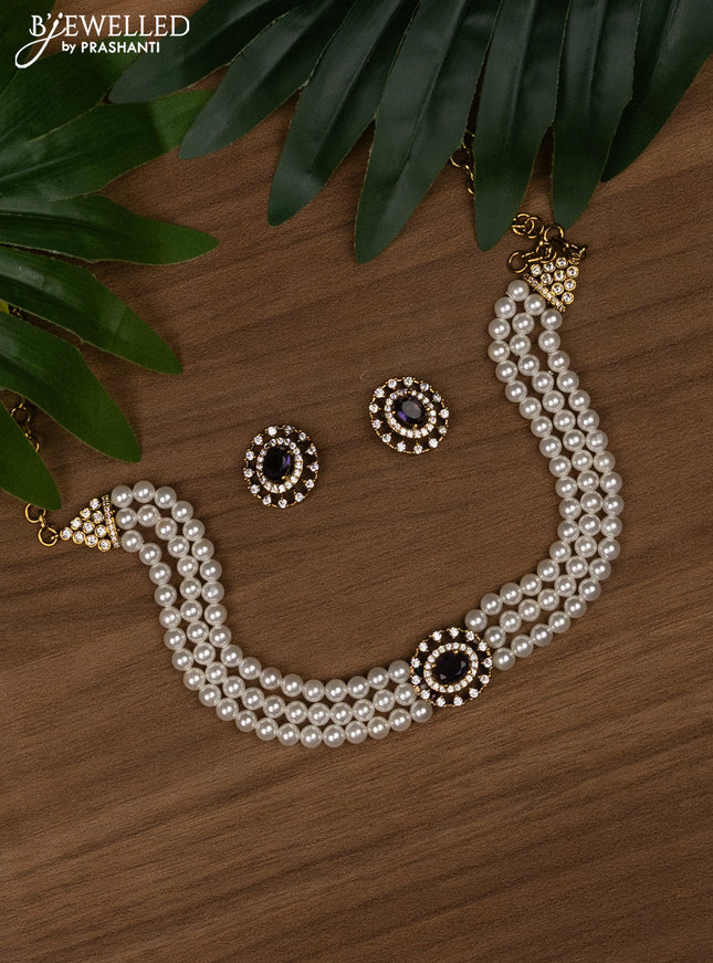 Pearl choker with violet and cz stones