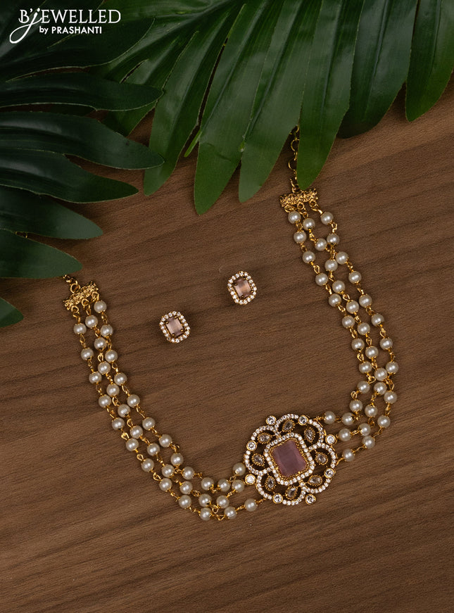 Pearl choker with baby pink and cz stones