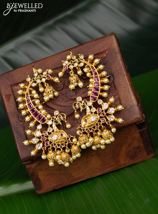 Antique earcuff jhumka peacock design with kemp & cz stones and pearl hangings