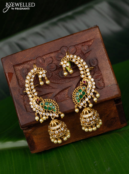 Antique earcuff jhumka peacock design with green kemp & cz stones and pearl hangings