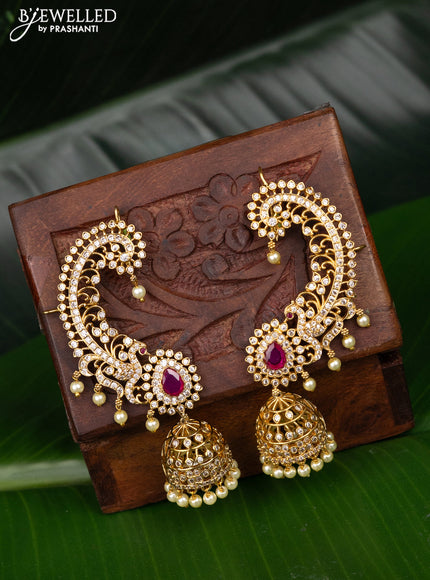 Antique earcuff jhumka with pink kemp & cz stones and pearl hangings