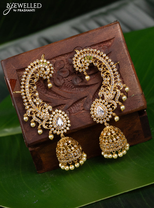 Antique earcuff jhumka with cz stones and pearl hangings