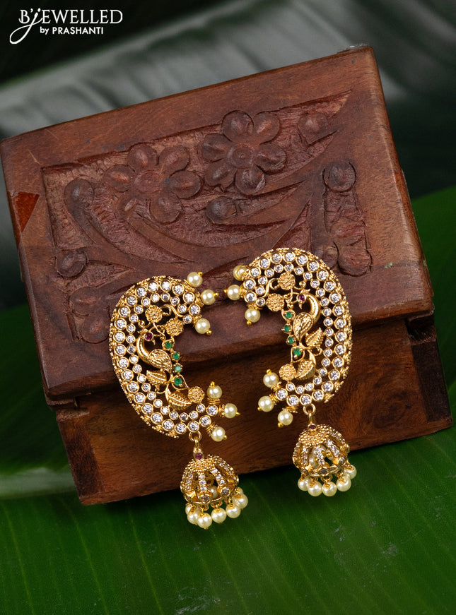 Antique earcuff jhumka peacock design with kemp & cz stones and pearl hangings