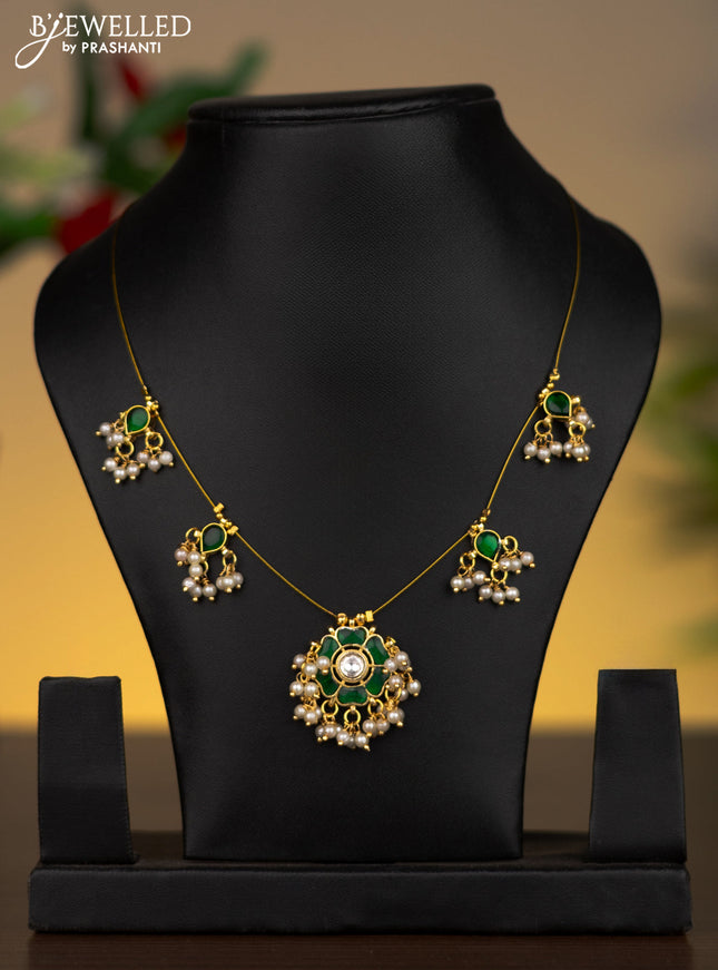 Invisible chain floral pendant with emerald & kundan stones and pearl hangings without earrings