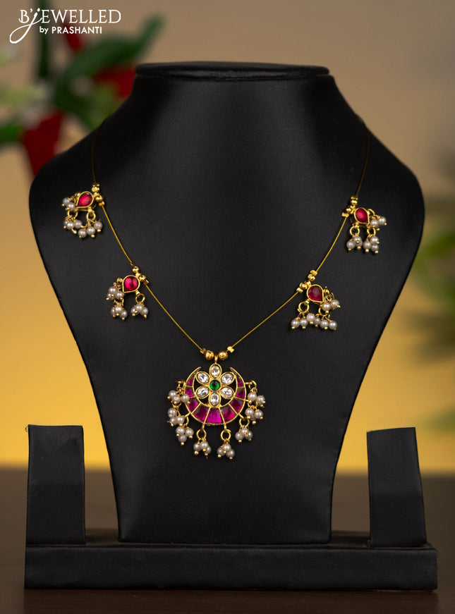 Invisible chain chandbali pendant with kemp & kundan stones and pearl hangings without earrings