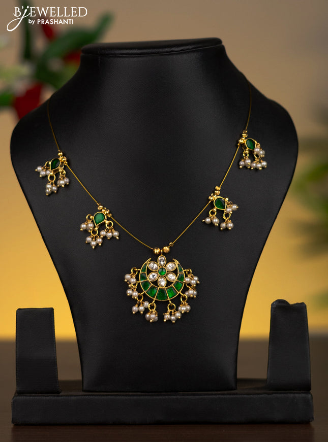 Invisible chain chandbali pendant with emerald & kundan stones and pearl hangings without earrings