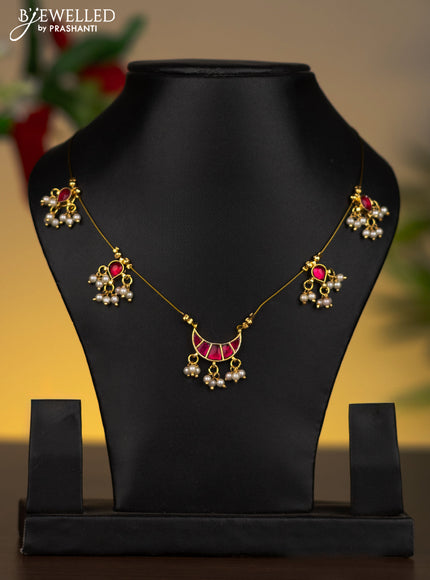 Invisible chain chandbali pendant with ruby stones and pearl hangings without earrings