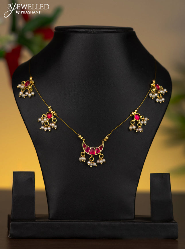 Invisible chain chandbali pendant with ruby stones and pearl hangings without earrings