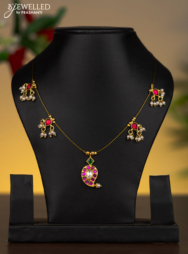 Invisible chain manga pendant with kemp & kundan stones and pearl hangings without earrings