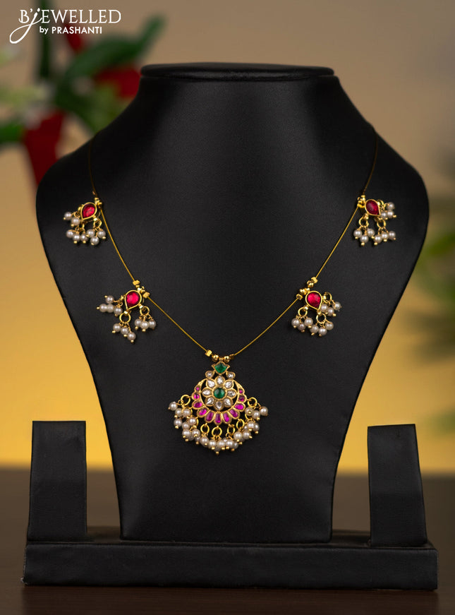 Invisible chain chandbali pendant with kemp & kundan stones and pearl hangings without earrings