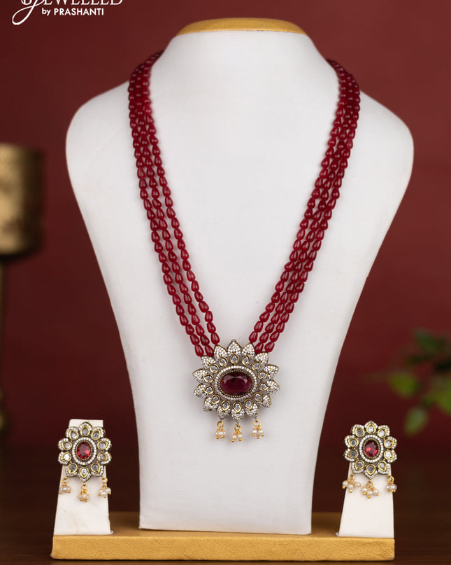 Beaded triple layer maroon necklace with ruby & cz stones and pearl hangings in victotrian finish