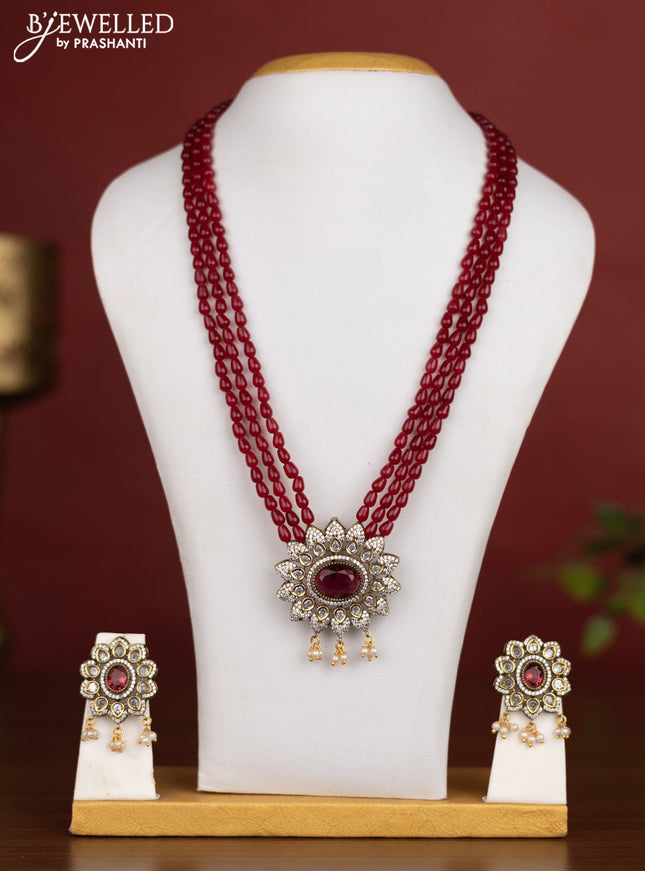 Beaded triple layer maroon necklace with ruby & cz stones and pearl hangings in victotrian finish