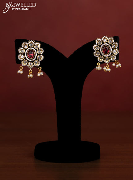 Beaded triple layer maroon necklace with ruby & cz stones and pearl hangings in victotrian finish