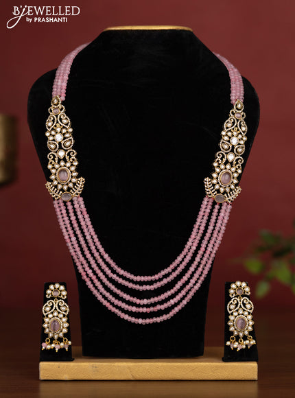 Beaded multilayer baby pink necklace with cz stones side pendant in victotrian finish