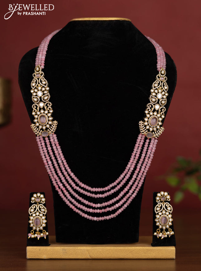 Beaded multilayer baby pink necklace with cz stones side pendant in victotrian finish