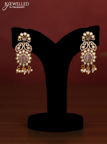 Beaded multilayer baby pink necklace with cz stones side pendant in victotrian finish