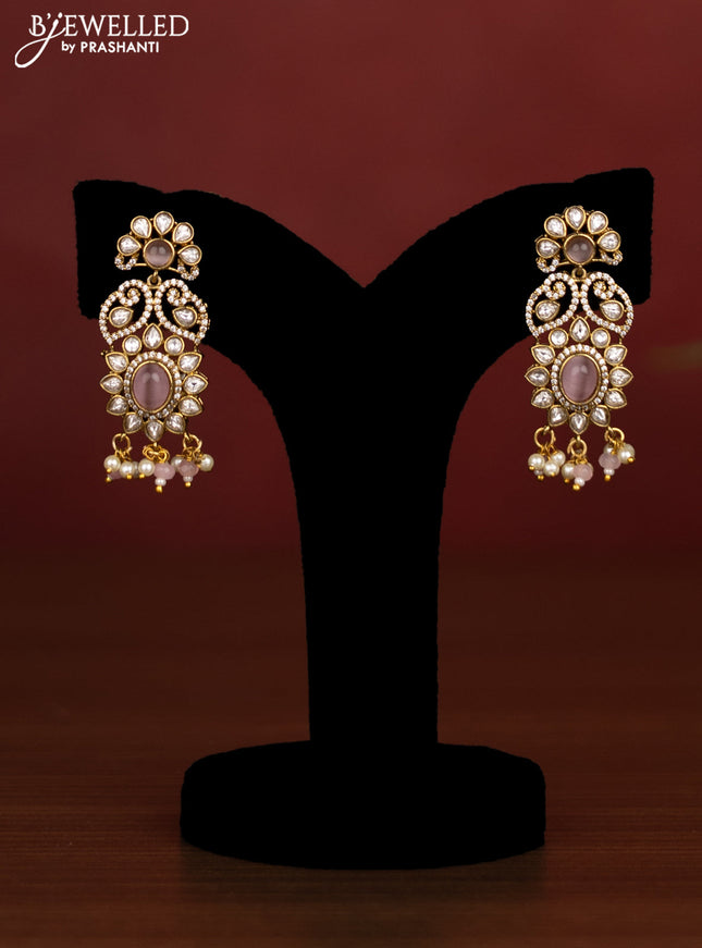 Beaded multilayer baby pink necklace with cz stones side pendant in victotrian finish