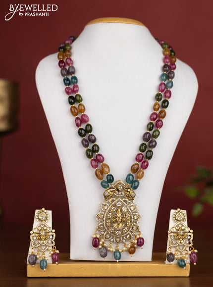 Beaded double layer multicolour necklace tirupati balaji pendant with cz stones and pearl & beads hanging in victotrian finish