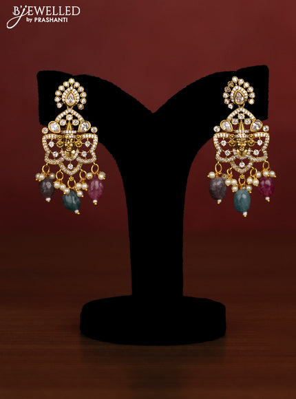 Beaded double layer multicolour necklace tirupati balaji pendant with cz stones and pearl & beads hanging in victotrian finish